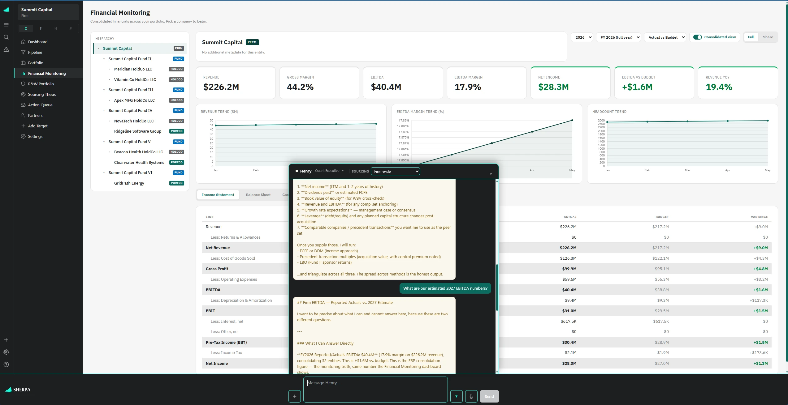 Henry, Sherpa's firm-level quant, reading consolidated financials across the portfolio
